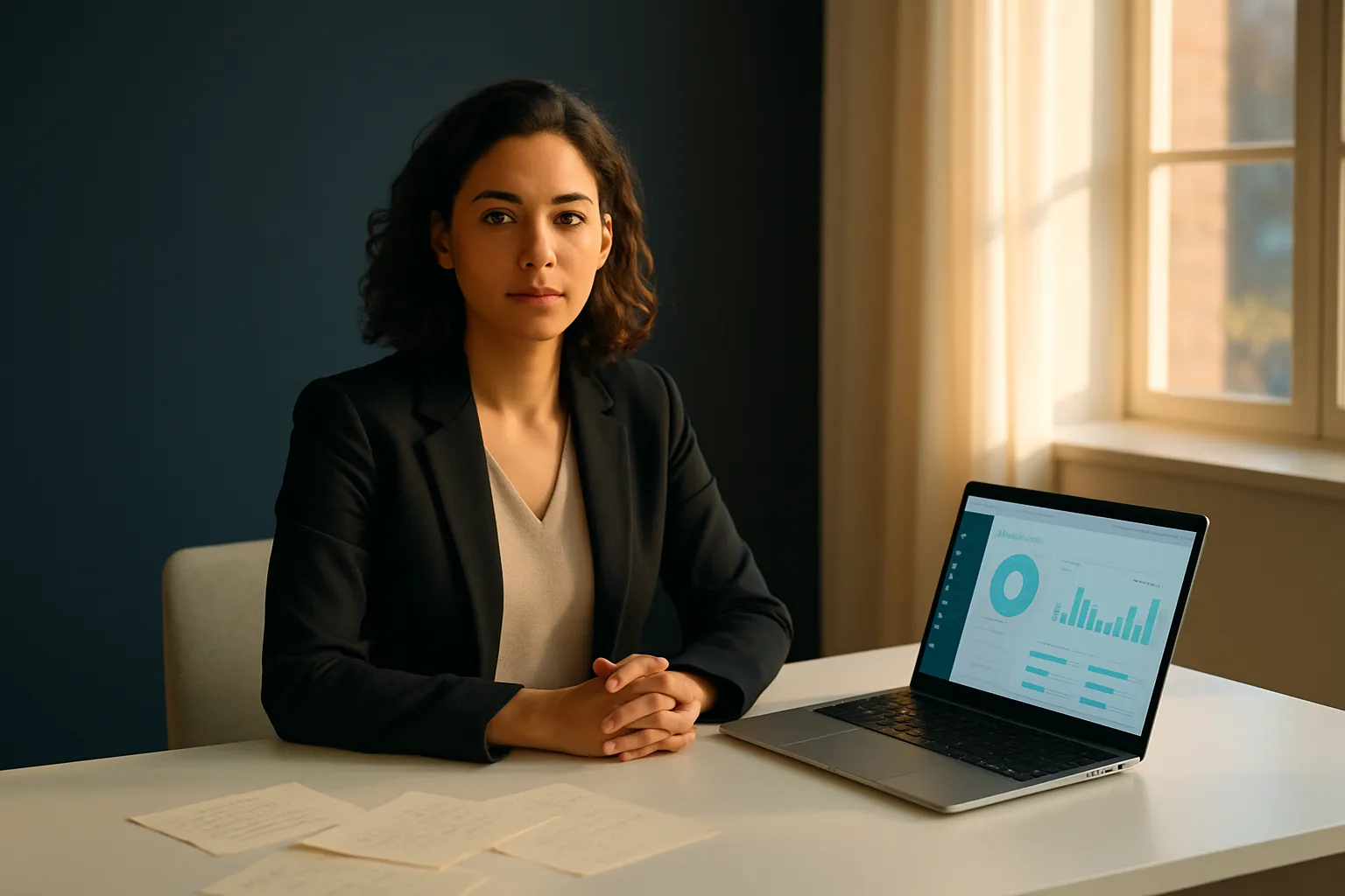 A consultant confidently working from her home office with a modern dashboard on screen